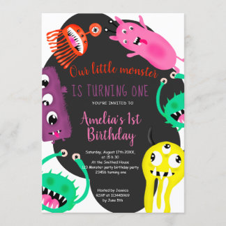 Niedliche Monster-Illustration 1. Geburtstag-Party Einladung