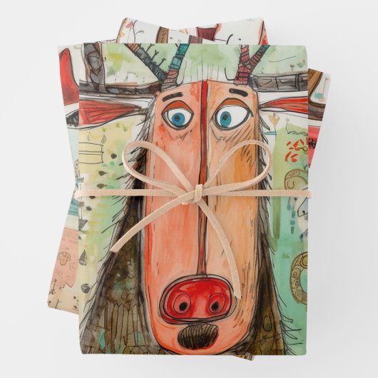 Niedliche Moose Weihnachtstypografie Moderner Spaß Geschenkpapier Set (Beispiel)