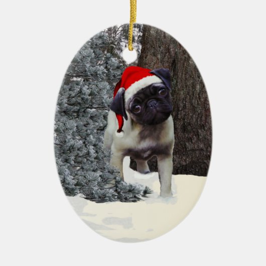 Niedliche Mops-Welpen-Weihnachtsverzierung #2 Keramikornament (Vorne)