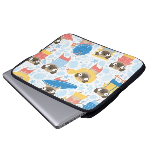 Niedliche Möpsen im Urlaub. Muster mit Cartoon-Mop Laptopschutzhülle (Vorne Knopf)