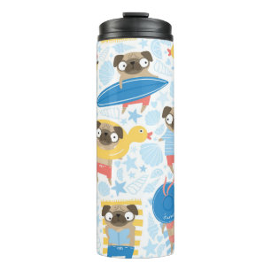 Niedliche Möpsen im Urlaub. Muster mit Cartoon-Mop Thermosbecher