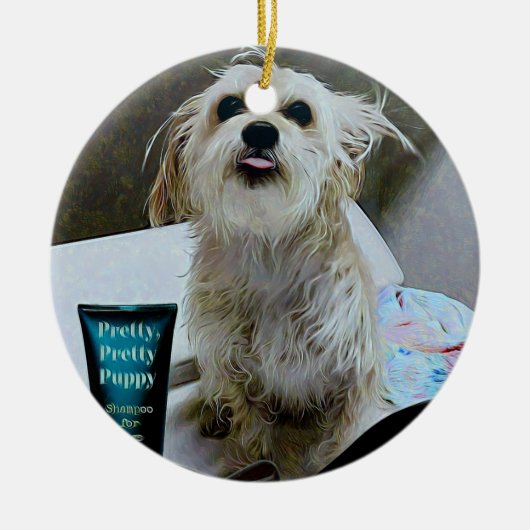 Niedliche Morkie Welpen-Hundelustige runde Keramik Ornament (Vorne)