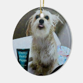 Niedliche Morkie Welpen-Hundelustige runde Keramik Ornament (Links)