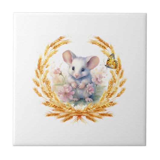 Niedliche Mouse Weizen Schmetterling Tile Weiße Bl Fliese (Vorderseite)
