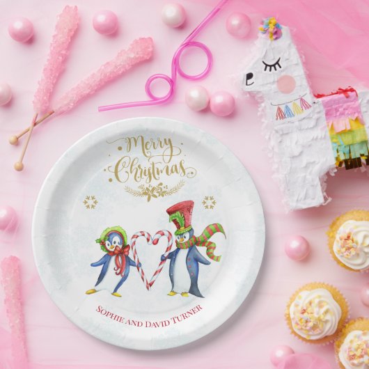 Niedliche Mr. and Mrs. Penguins Frohe Weihnachtssc Pappteller (Party)