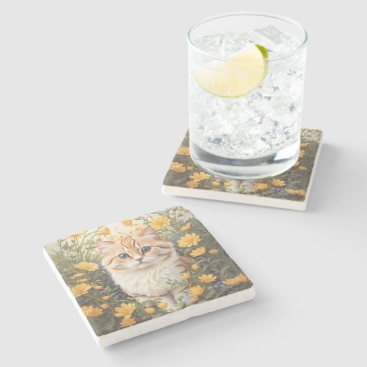 Niedliche Munchkin-Kat- und Buttercup-Blume Steinuntersetzer (Seitenansicht)