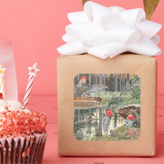 Niedliche Mushroom Woodland Frog Kinderdusche Quadratischer Aufkleber (Party)