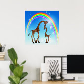 Niedliche Mutter & Baby Giraffe & Regenbogen Poster (Heimbüro)