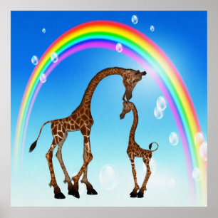 Niedliche Mutter & Baby Giraffe & Regenbogen Poster
