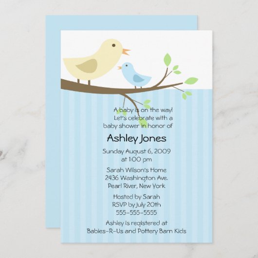 Niedliche Mutter Bird u. Baby-Jungen-Baby-Dusche Einladung (Vorne/Hinten)