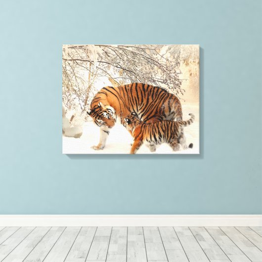 Niedliche Mutter mit Baby im Schnee Leinwanddruck (Insitu (Holzboden))