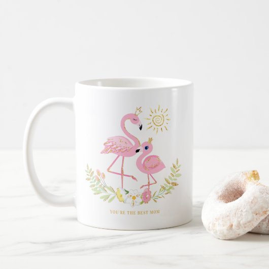 Niedliche Mutter und Tochter Flamingo Glitzer Flor Kaffeetasse (Mit Donut)