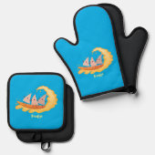 Niedliche nachos-Maischips beim Surfen Cartoon Ofenhandschuh & Topflappen-Set (Vorderseite/Rückseite)