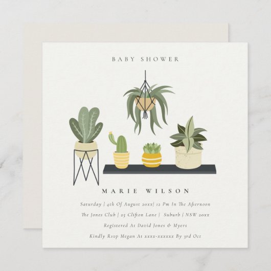 Niedliche Nadelspitze Sukkulente Pflanze Babydusch Einladung (Vorne/Hinten)