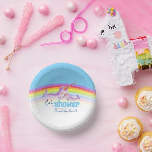 Niedliche Narwal Mutter Baby Blue Regenbogenbaby D Pappteller (Party)