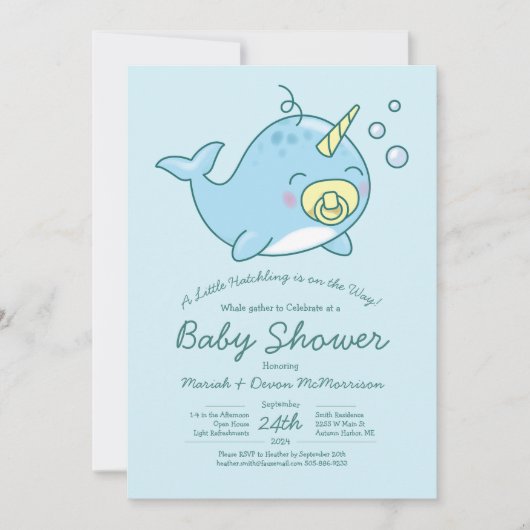 Niedliche Narwhal Baby Shower Kawaii Einladung (Vorderseite)