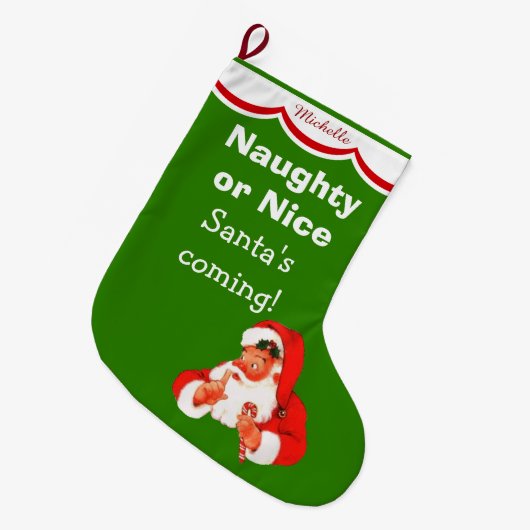 Niedliche Naughty oder Nice Santa Kids' Großer Weihnachtsstrumpf (Vorderansicht (hängend))