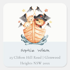 Niedliche Nautical Pirate Ship Lion Cub Kids Adres Quadratischer Aufkleber