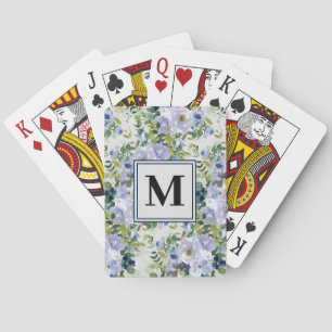 Niedliche Navy Dusty Blue Watercolor Floral Monogr Spielkarten