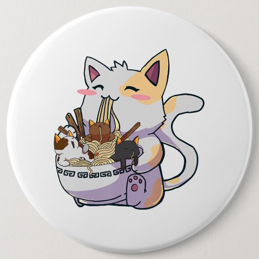 Niedliche Neko Katze mit Ramen Noodles Bowl Anime  Button (Vorderseite)