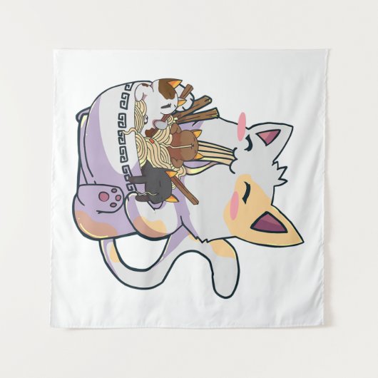 Niedliche Neko Katze mit Ramen Noodles Bowl Anime Wandteppich (Vorderseite (Horizontal))