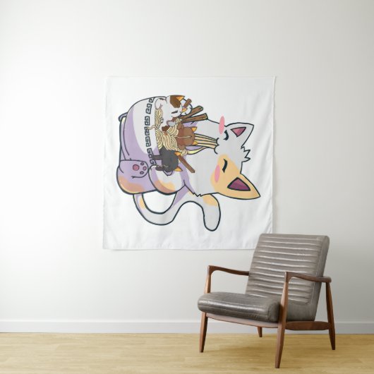 Niedliche Neko Katze mit Ramen Noodles Bowl Anime Wandteppich (Beispiel (Horizontal))