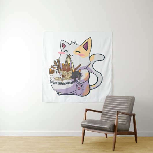 Niedliche Neko Katze mit Ramen Noodles Bowl Anime Wandteppich (Beispiel)