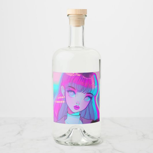 Niedliche Neon Anime Girl Liquor Flasche Alkoholflaschenetikett (Vorderseite)