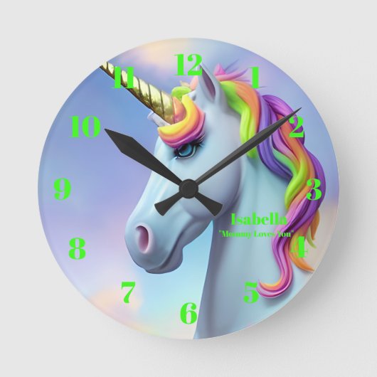 Niedliche Neon Green Pink Unicorn Personalisierte Runde Wanduhr (Vorderseite)