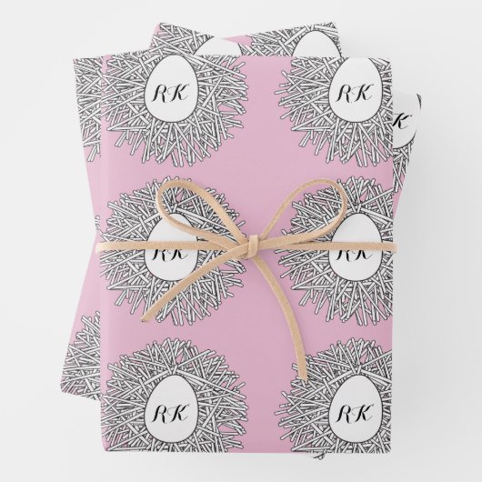 Niedliche Nest- und Eierinitialen und Name Rosa Geschenkpapier Set (Beispiel)