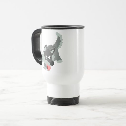 Niedliche neugierige Cartoon-Wolf-Pendler-Tasse Reisebecher (Vorderseite Links)