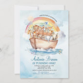 Niedliche Noah's Ark Blue Watercolor zum ersten Ge Einladung (Vorderseite)
