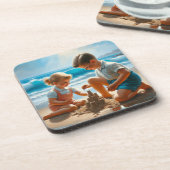 Niedliche Nostalgie-Kinder im Beach 50er Jahre Getränkeuntersetzer (Linke Seite)