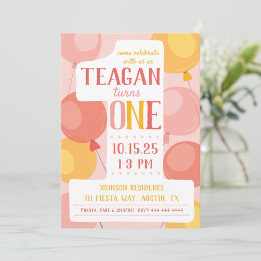 Niedliche Nummer 1 Erster Geburtstag Einladung (Stehend Vorderseite)