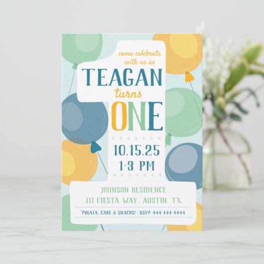 Niedliche Nummer 1 Erster Geburtstag Einladung (Stehend Vorderseite)