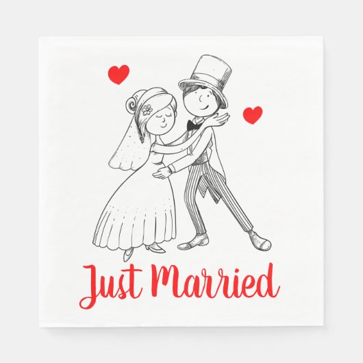 Niedliche nur verheiratete Cartoon Braut Groom Red Serviette (Vorderseite)