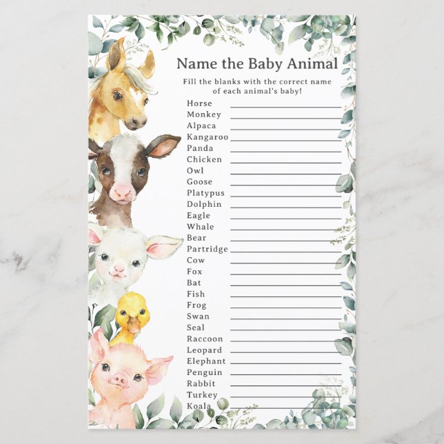 Niedliche Nutztiere Grüne Name Baby Animal Game (Vorderseite)