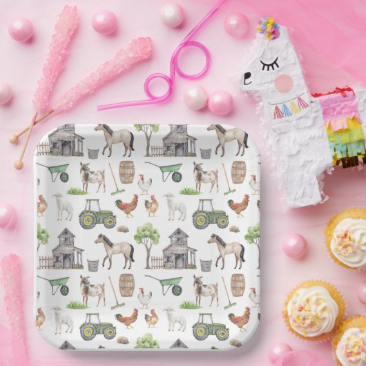 Niedliche Nutztiere Traktoren Name Happy Birthday Pappteller (Party)