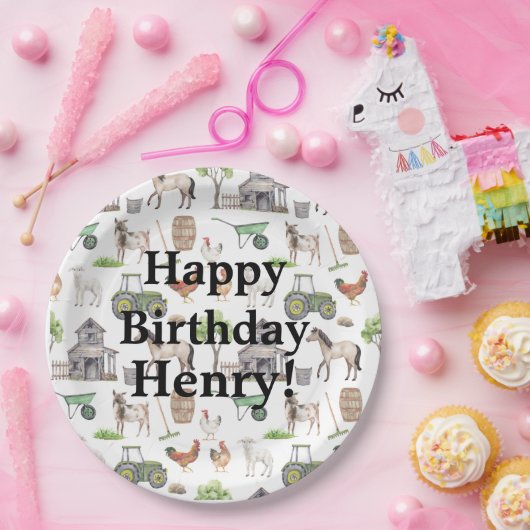Niedliche Nutztiere Traktoren Name Happy Birthday  Pappteller (Party)