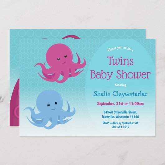 Niedliche Octopus Animal Twin Baby Dusche Einladung (Vorne/Hinten)