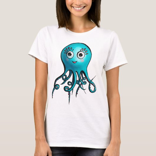 Niedliche Octopus Blauer Cartoon Tier T-Shirt (Vorderseite)