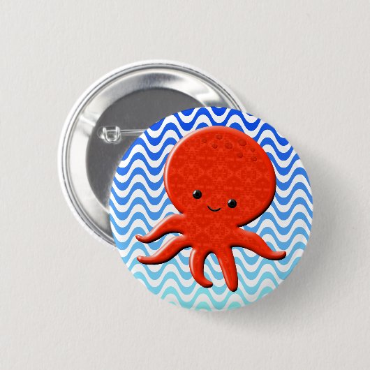 Niedliche Octopus Cartoon Blue Waves Button (Vorne & Hinten)