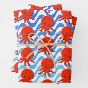 Niedliche Octopus Cartoon Blue Waves Geschenkpapier Set