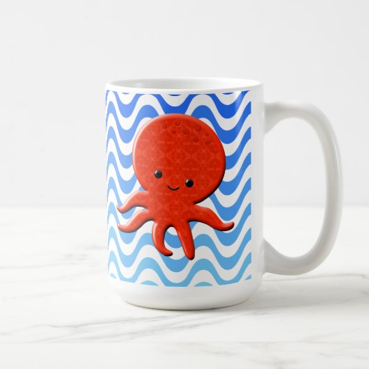 Niedliche Octopus Cartoon Blue Waves Kaffeetasse (Rechts)