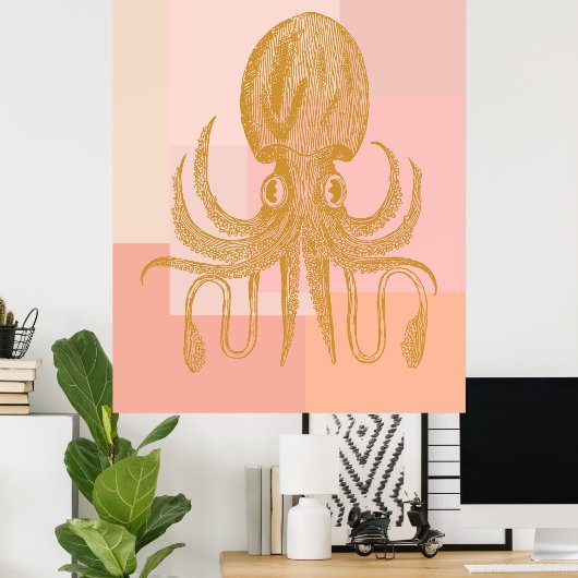 Niedliche Octopus-Illustration in Rosa und Gold Poster (Heimbüro)