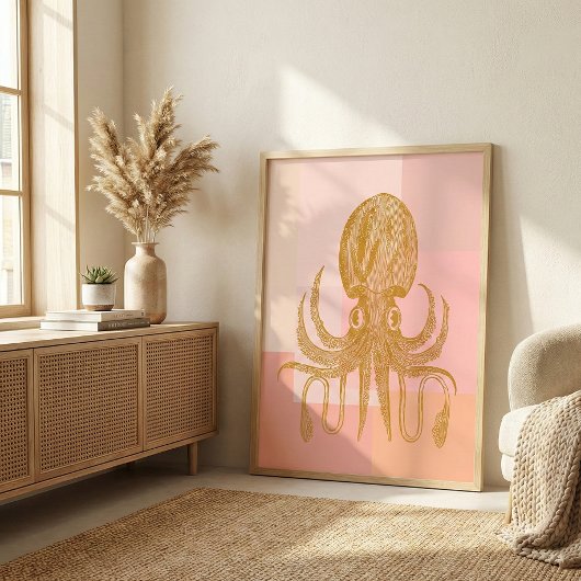 Niedliche Octopus-Illustration in Rosa und Gold Poster