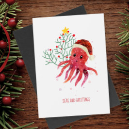 Niedliche Octopus-Meere und Grüße Weihnachtsbaum Feiertagspostkarte
