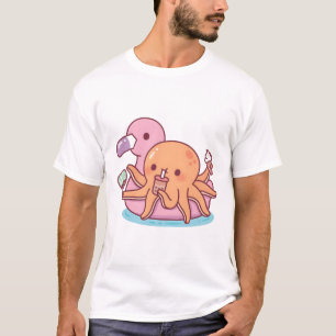 Niedliche Oktopuskühlung auf rosa Flamingo Float T-Shirt