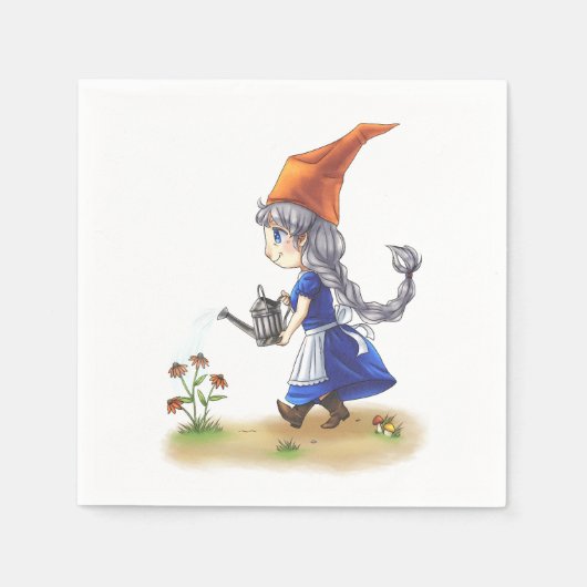 Niedliche Old Lady Gnome Watering Blume Serviette (Vorderseite)
