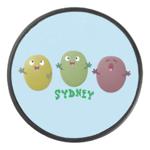 Niedliche Oliven singen Cartoon Eishockey Puck
